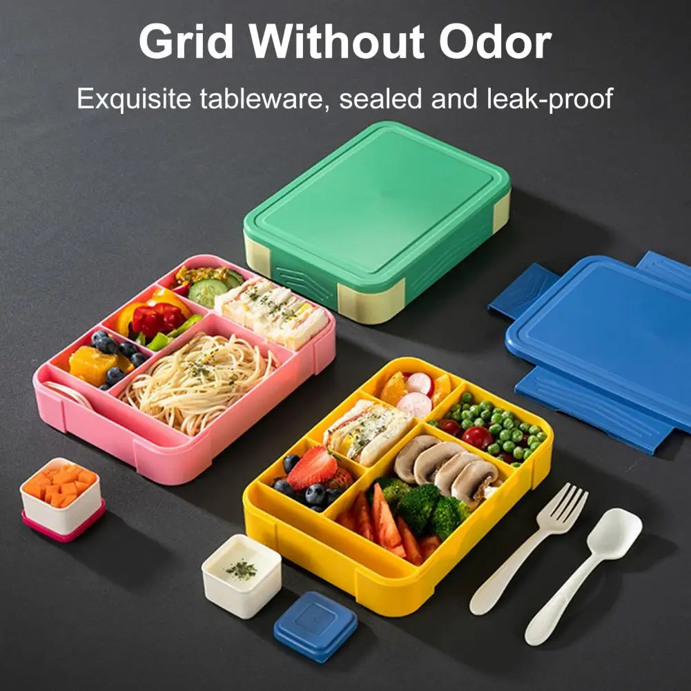 

1330ML Lunch Box Microwaveable High Capacity Grid Divided Storing Fruit Good Sealing Bento Box with Fork Spoon School Supply