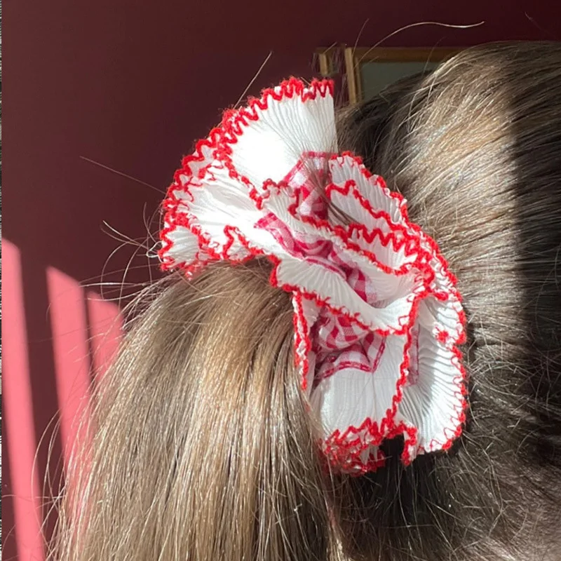 Fashion Double Lace Lace Trim Hair Scrunchies Pink Plaids Cotton Hair Ties Women Ponytail Hair Bands Large Rope