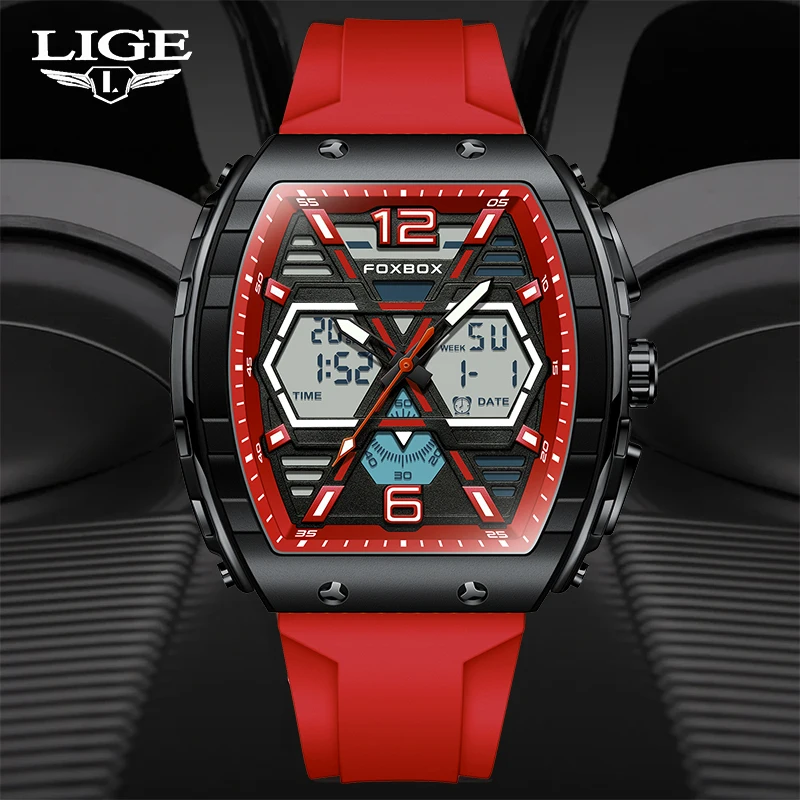 LIGE Men's Watch Creative Dual Time Quartz Watch Sports 5Bar Waterproof Silicone Strap Men's Luminous Chronograph Watch For Men