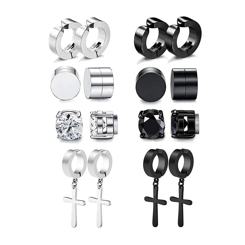 Men's Punk Cross Square Zircon Stainless Steel Magnet Fake Earrings Set 4-10 pairs ear clip earrings clip earrings ear clip stud earrings magnetic earrings ear accessories