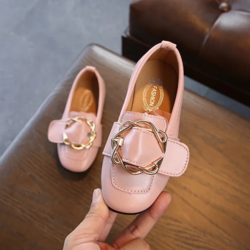 Spring Autumn Children's Leather Shoes Metal Buckle Girls Single Shoes Flat Heel Fashion Casual Shoe Soft Sole Kids