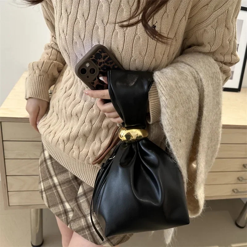 Elegant Vintage Pleated Leather Tote Bag - Women's Evening Bucket Purse