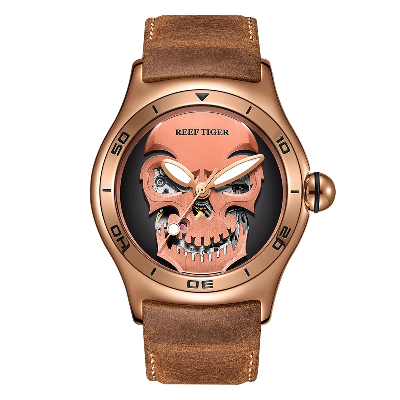 

Reef Tiger/RT Skull Skeleton Automatic Mechanical Watch For Men Steel Top Brand Luxury Sport Male Leather Wrist Watches RGA70S7