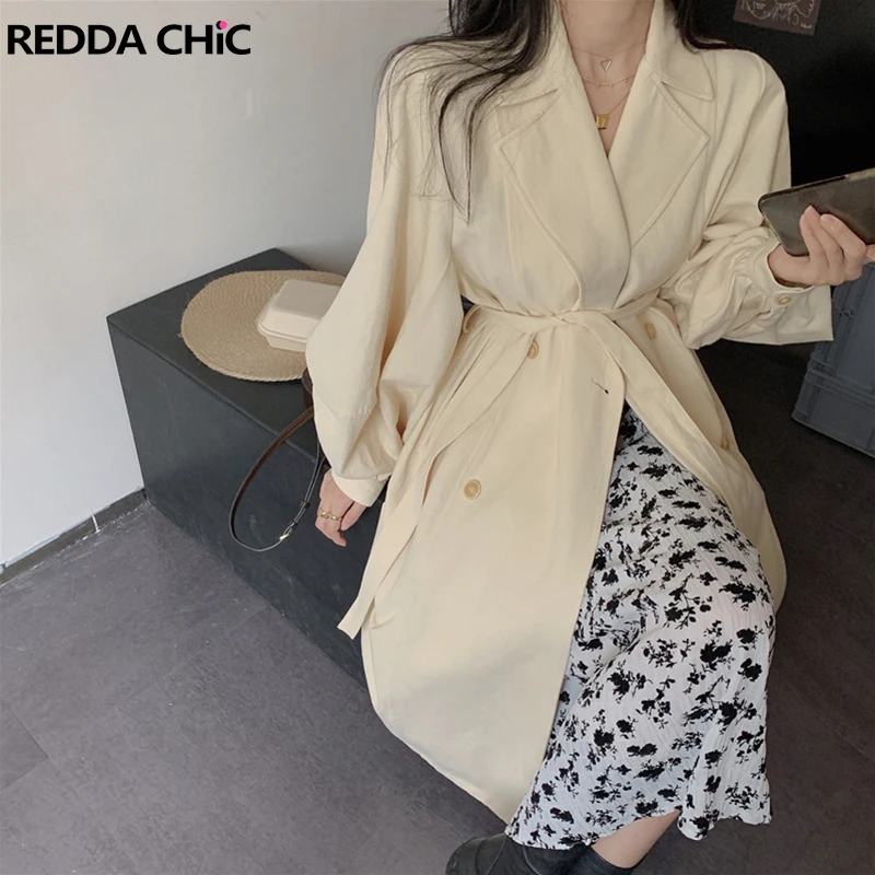 

ReddaChic Belted Midi Long Trench Coat Women Plain Casual Long Sleeves Notch Lapel Trench Coat Autumn Korean OL Business Jacket