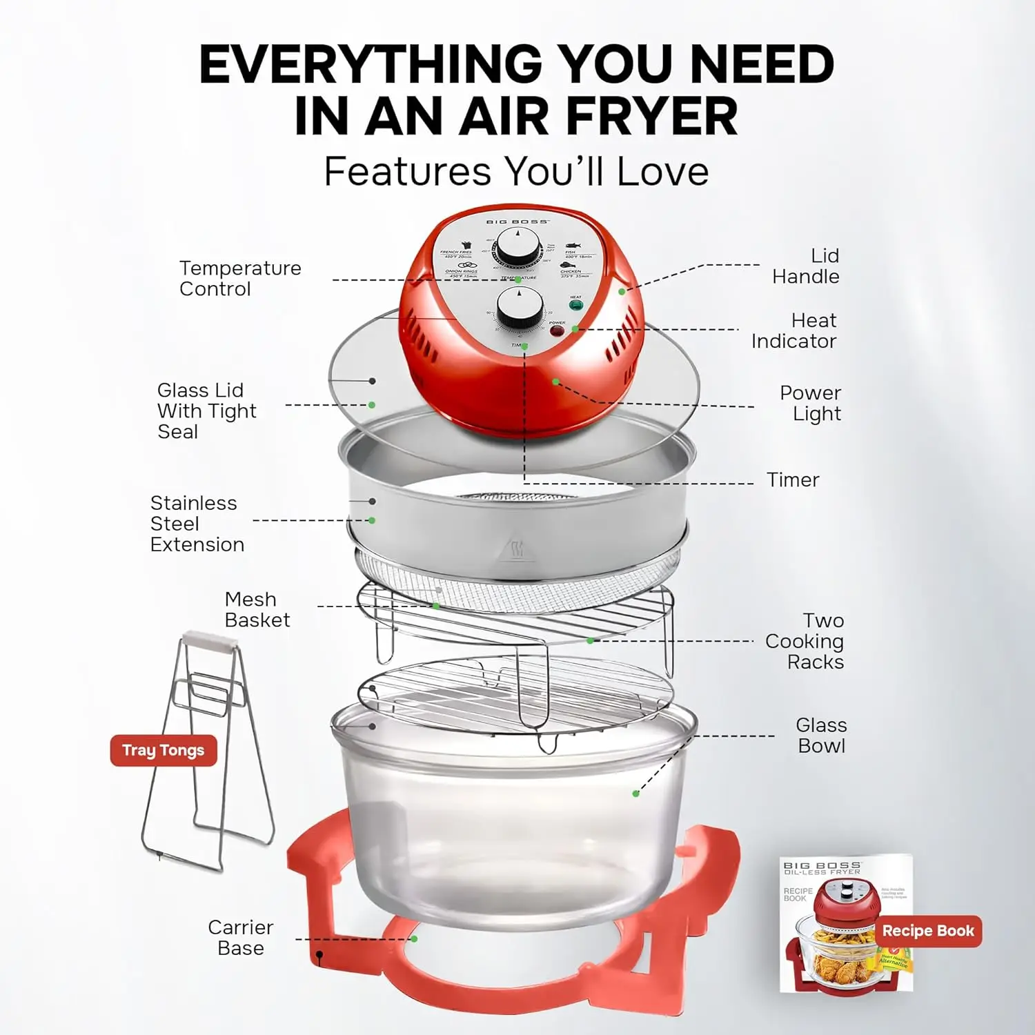 16Qt Large Air Fryer Oven Large Halogen Oven Cooker with 50+ Air Fryers Recipe Book for Quick + Easy Meals for Entire Family 6