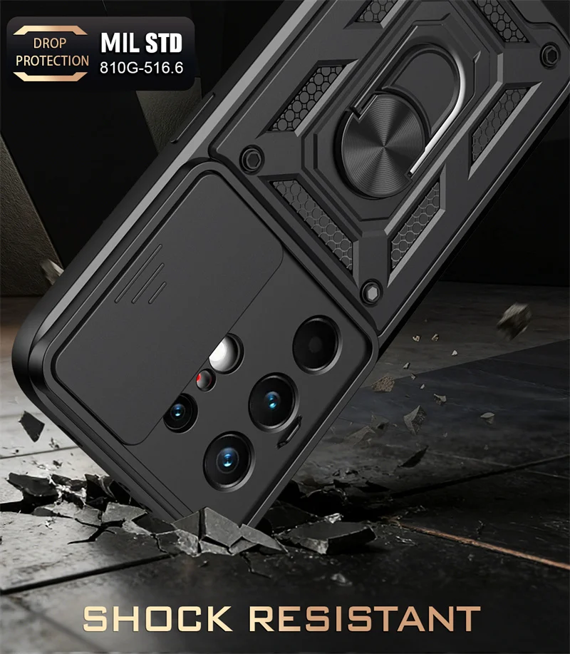 Slide Camera Lens Protection Phone Case with Ultra Ring Stand Hybrid Shockproof Cover