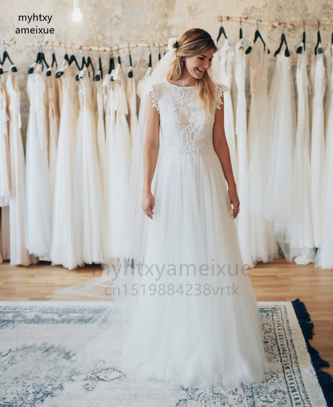 

Wedding Dress 2023 Sexy O-neck Cap Sleeve Lace Appliques Sequined Button Tulle Floor Length Sweep Train Elegant Bride Gown New