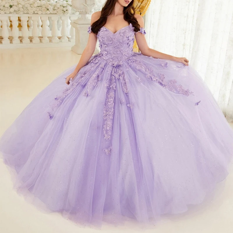 

Romantic Butterfly lilac lavender Quinceanera Dresses Off the Shoulder Caftan Beaded Lace-up corset prom Sweet 16 Dress Vestidos