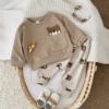 2025 INS 0-3M Baby Newborn Brown Bear Embroidered Top+White Full Print Bear Health Pants Sport Set Two Piece Set