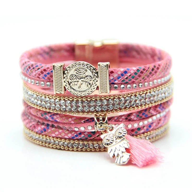 

Light luxury owl pendant leather rope charm bracelet for women, bangle