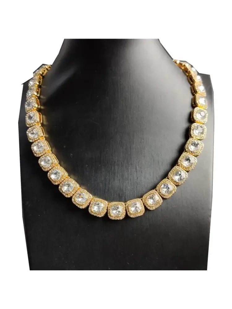 12mm Hip Hop Miami Curb Cuban Chain Gold Color Full Iced Out Paved Rhinestones Cz Bling Square Tennis Chain For Men Jewelry