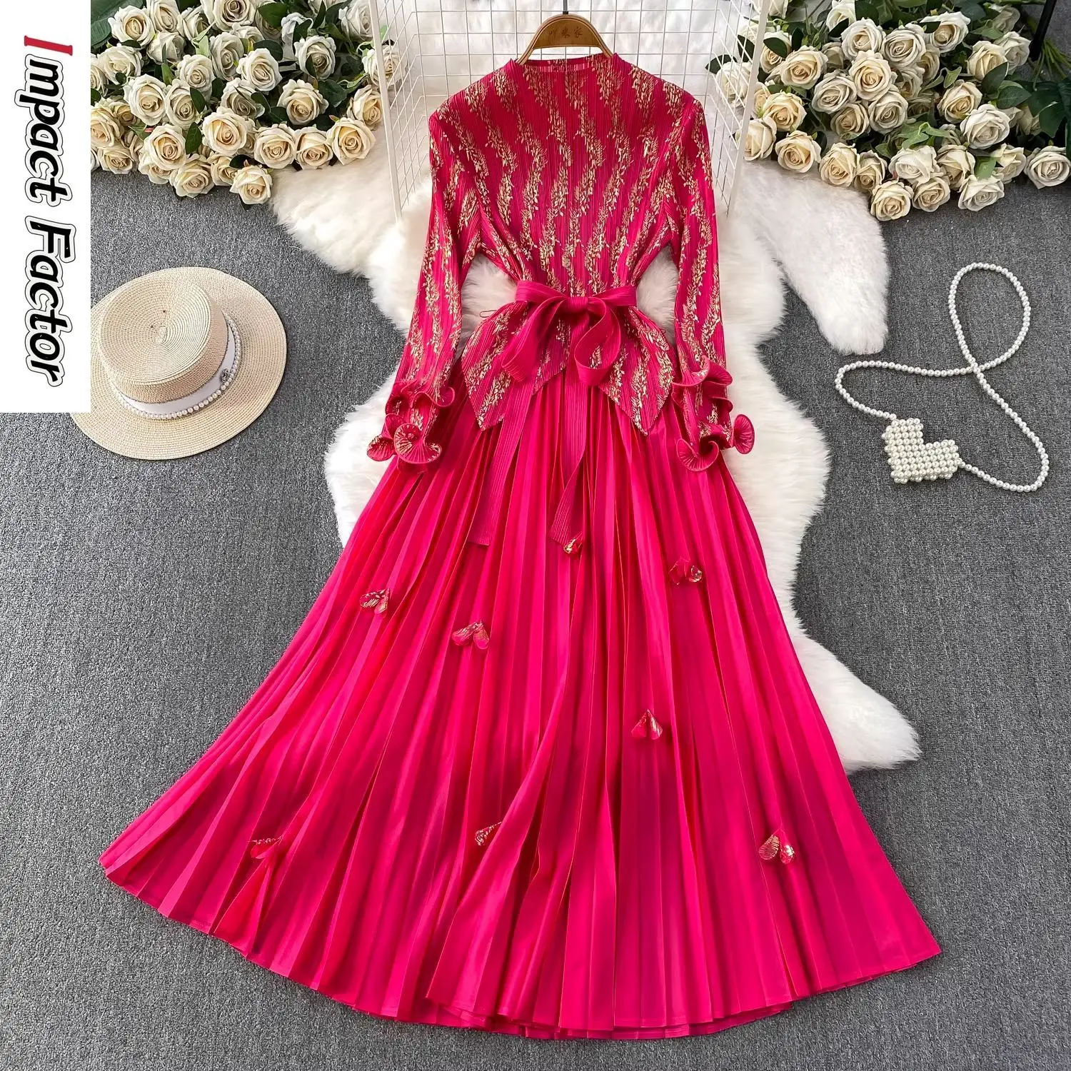 Miyake Celebrity Heavy Industry Bronzing Folded Lotus Leaf Sleeve Dress Women's Strap Waist Pleated Long Dress