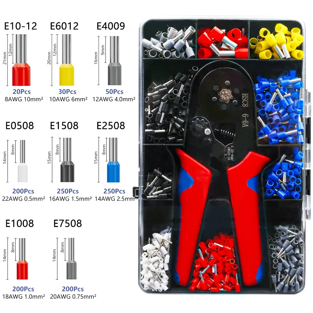 HSC8 Cable Wire Crimper Crimping Tool Plier Set 6-4/6A 23-7AWG Self Adjustable 1200Pcs Cord End Bootlace Ferrules Terminals Kit electrical wire terminal