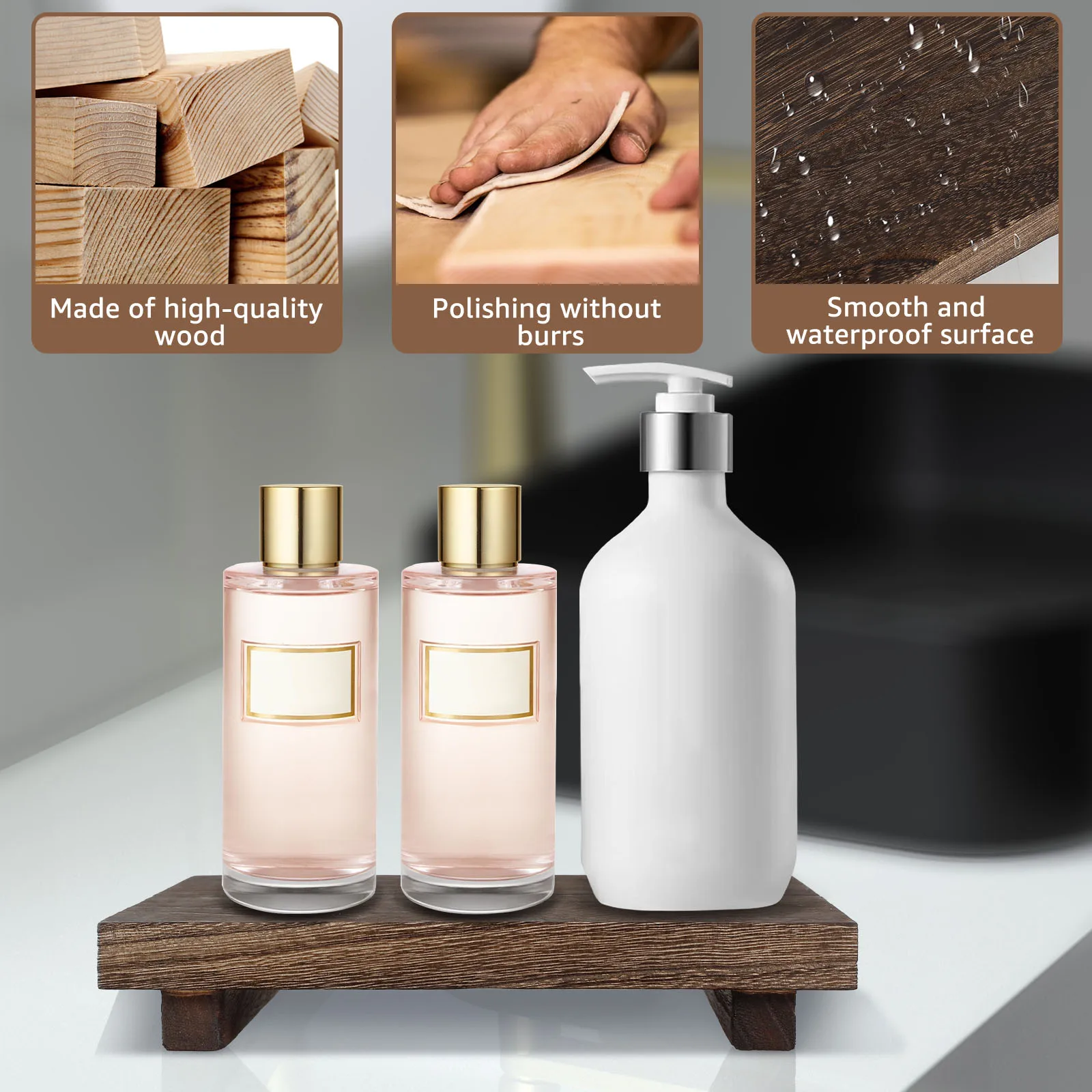 Wood Pedestal Stand Anti-Slip Riser Soap Tray Farmhouse Wooden Vintage Kitchen Bathroom Counter Decor Sink Tray Candle Plant 4