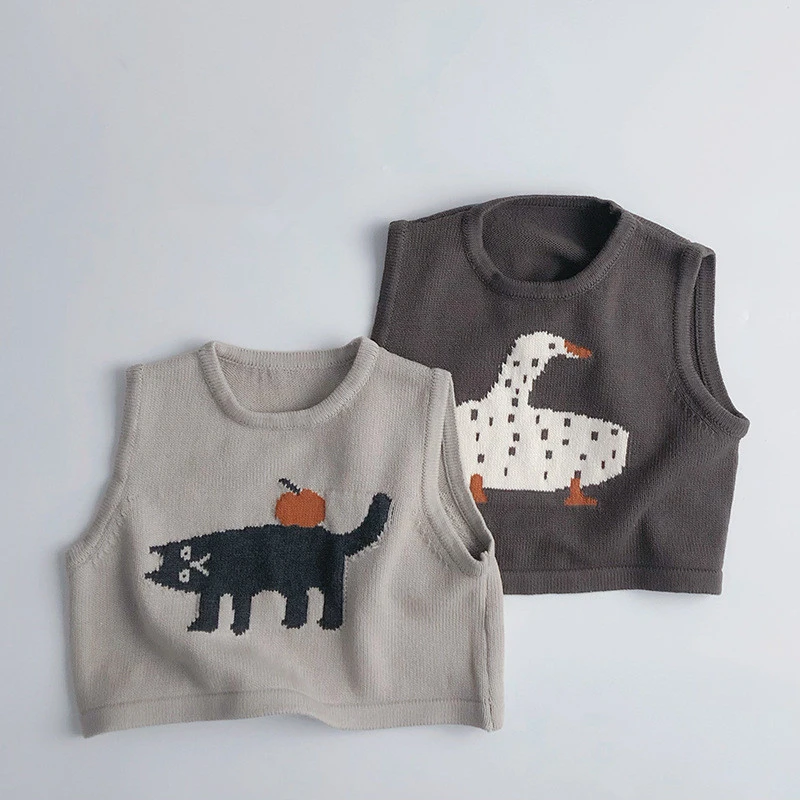Childrens Sleeveless Knitted Vest - Cute Animal Cotton Sweater Coat for Boys  Girls