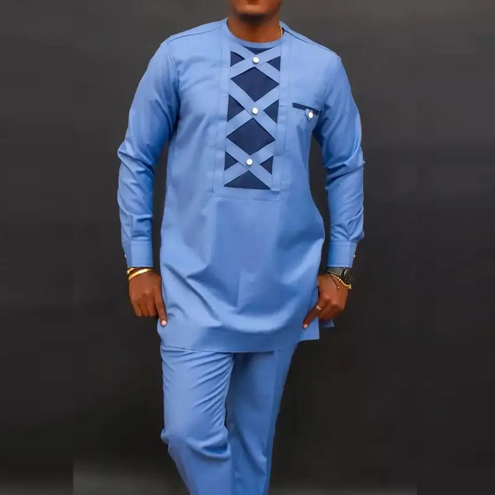 thumbnail image 1 of Conjunto étnico tradicional africano nuevo 2024 para hombre, cuello redondo, manga larga, dos piezas, conjunto de lujo para banquete de boda o fiesta, 1 of 5