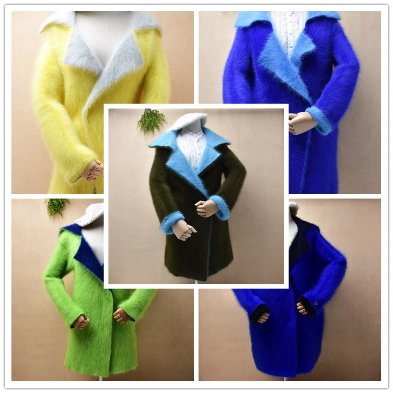 

female women autumn winter clothing thick warm mink cashmere knitted suit collar long sleeves cardigan angora fur coat sweater