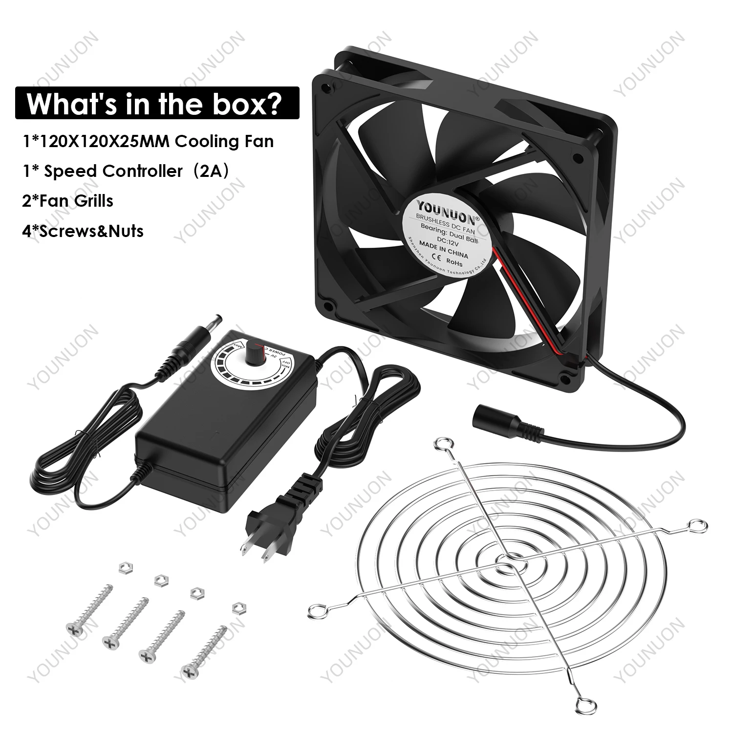 속도 컨트롤러가 있는 120mm 컴퓨터 팬, AC 플러그 전원 코드, 110V 220V-DC 3V - 12V 2A 배기 냉각 라우터, 성장 텐트 식물
