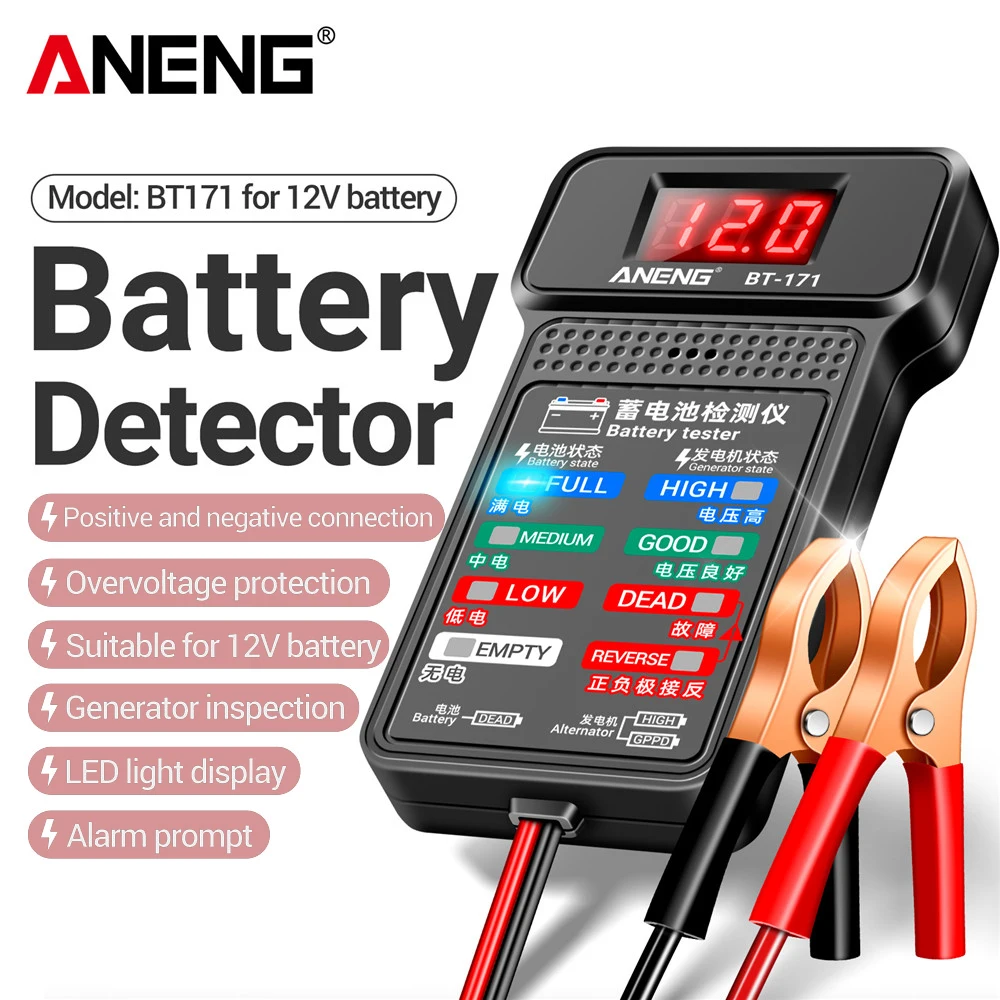 ANENG BT-171 12V Digital Battery Tester Car Battery Indicator with Alligator Clips LED Status Indicator Electrician Tool battery tester