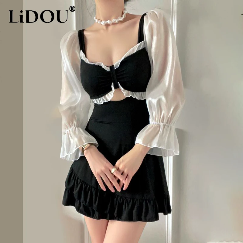 2023 Korean Fashion Summer Swimsuits Women Solid Color Neat Chic Casual Elegant Aesthetic Bikinis Set Patchwork Female Clothes