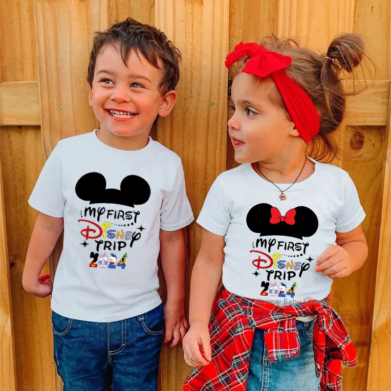 New My First Disney Trip 2024 Kids Tshirts Funny Short Sleeve Boys Girls  Disney Vacation T Shirt Mickey Minnie Children Clothes