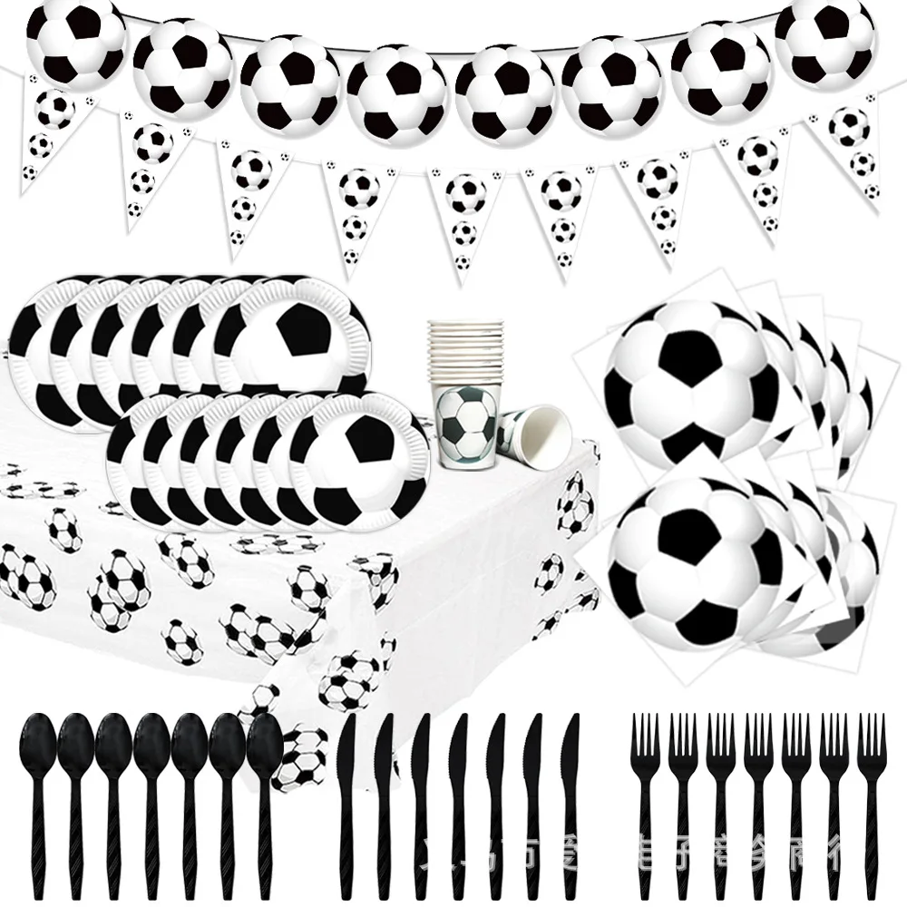 

New White Football Party Supplies Disposable Tableware Paper Pallet Paper Cup Tissue Boy Birthday Party Decoration