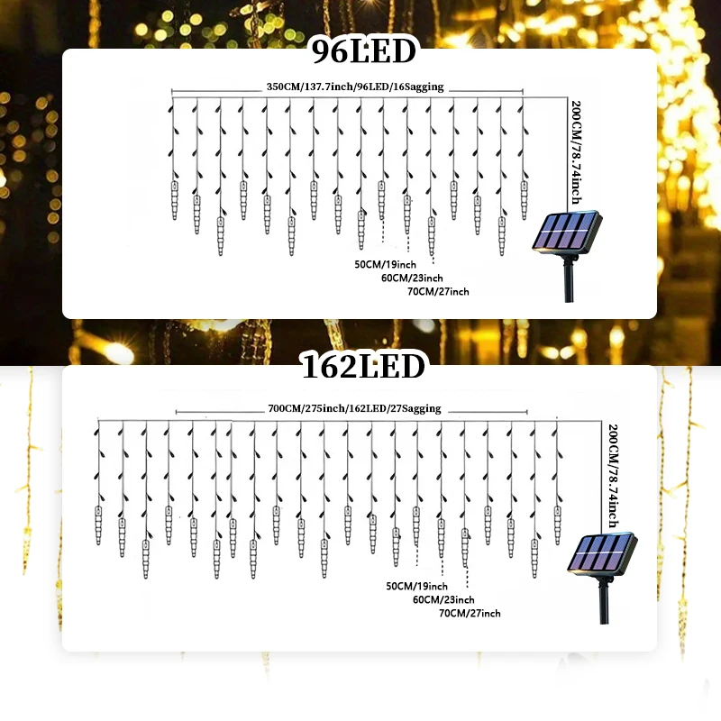 태양광 조명 스트링 162LED 야외 태양광 조명 아이스 콘 스트링 조명 아이스 컬럼 스트링 조명 홈 페스티벌 장