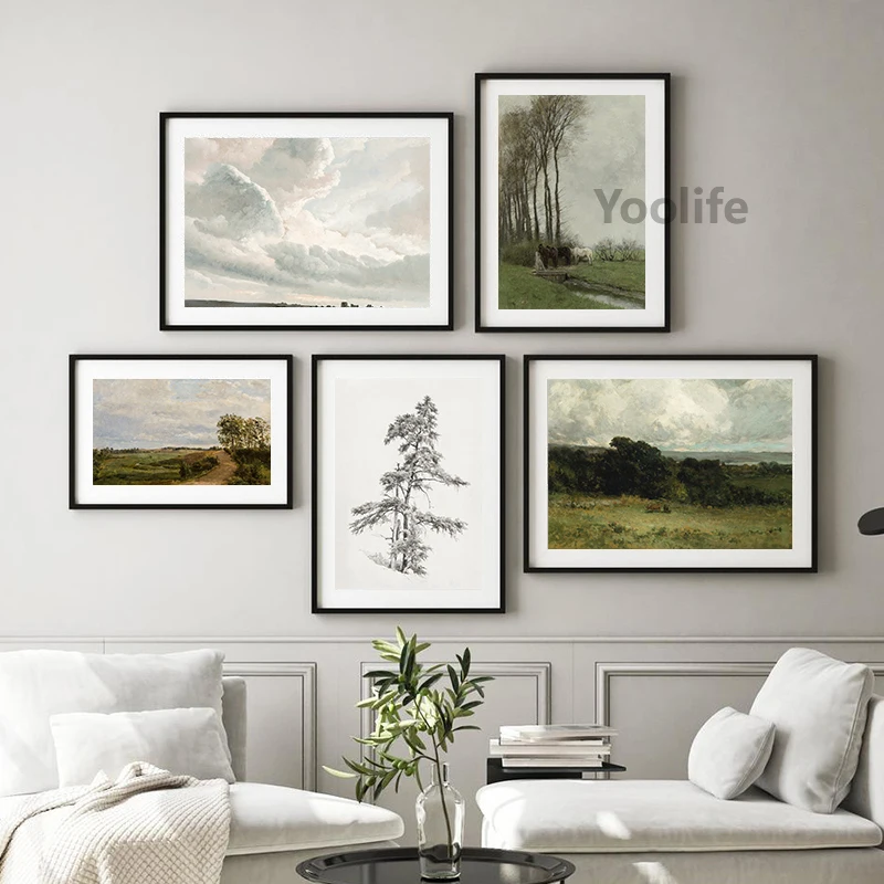 Rustic Country Landscape Oil Painting Canvas Art - Vintage Farmhouse Wall Decor