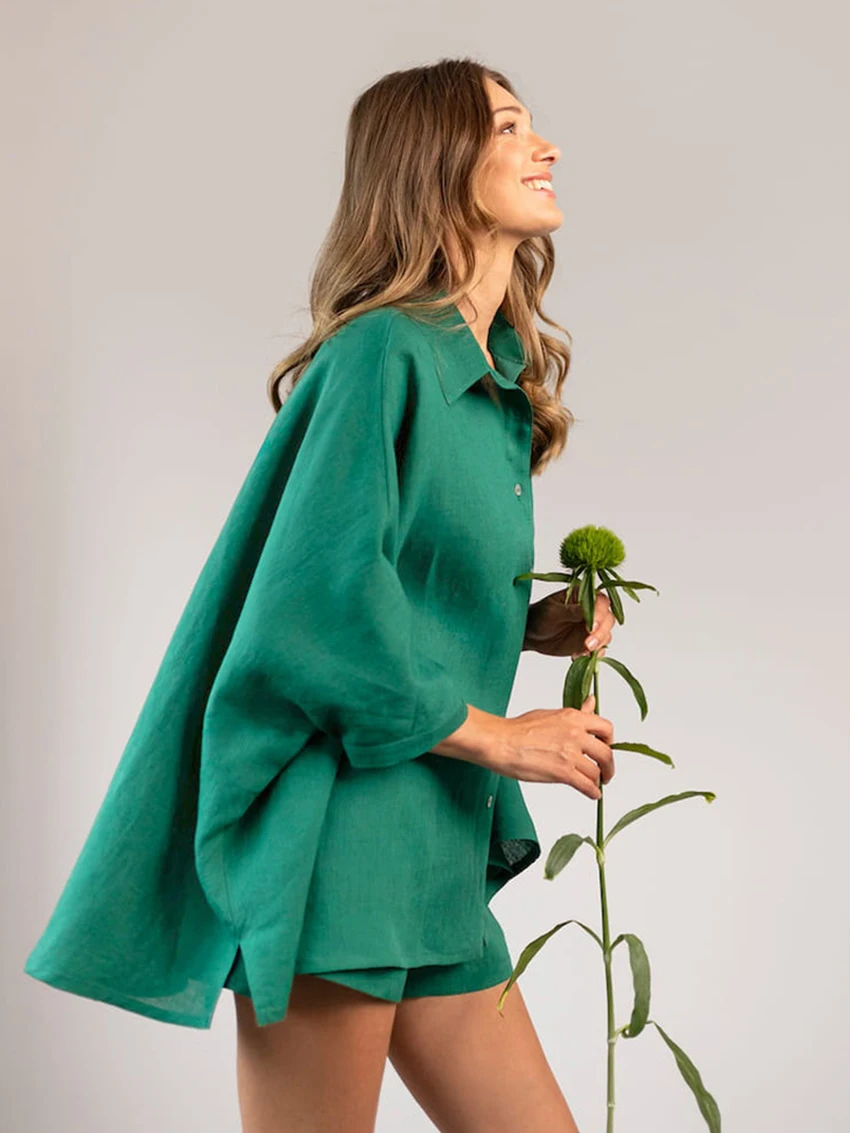 Marthaqiqi Loose Women'S Pajamas 2 Piece Suit Long Sleeve Sleepwear Turn-Down Collar Nightwear Shorts Casual Spring Home Clothes