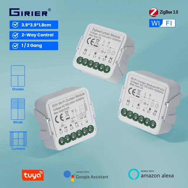GIRIER Tuya Zigbee/WiFi RF433ม่านสมาร์ทโมดูลสวิตช์ตาบอดสำหรับลูกกลิ้งชัตเตอร์ Motor listrik ทำงานร่วมกับ Alexa Google Home 1