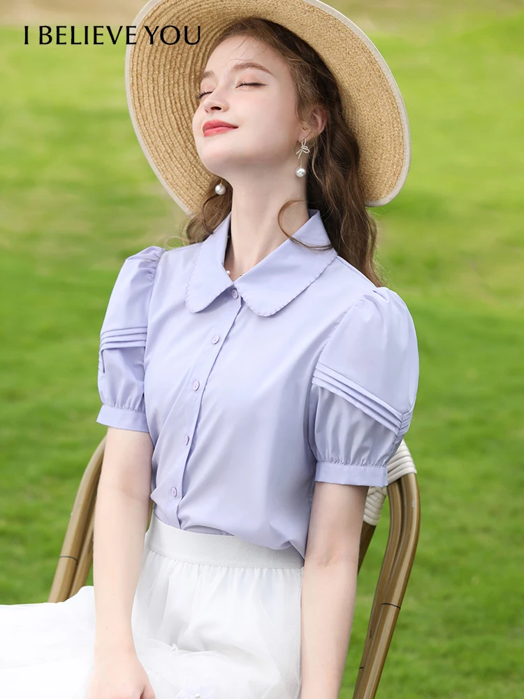I BELIEVE YOU Purple French Puff Female Short Sleeves Office Lady Shirts & Blouses 2023 Summer New Chic Women Tops 2232055165 sweet academy letter shirt top strap skirt two piece set women bubble sleeves lapel spicy girl slim summer chic female lady suit