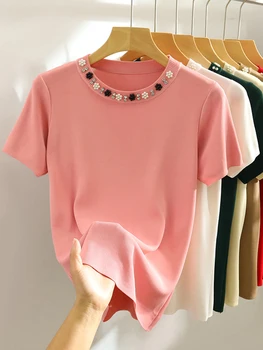 كوريا محبوك تي شيرت المرأة الأعلى الصلبة Y2K الصيف موضة جديدة الإناث أكمام الديكور بلوزات رقيقة عادية أبيض أسود