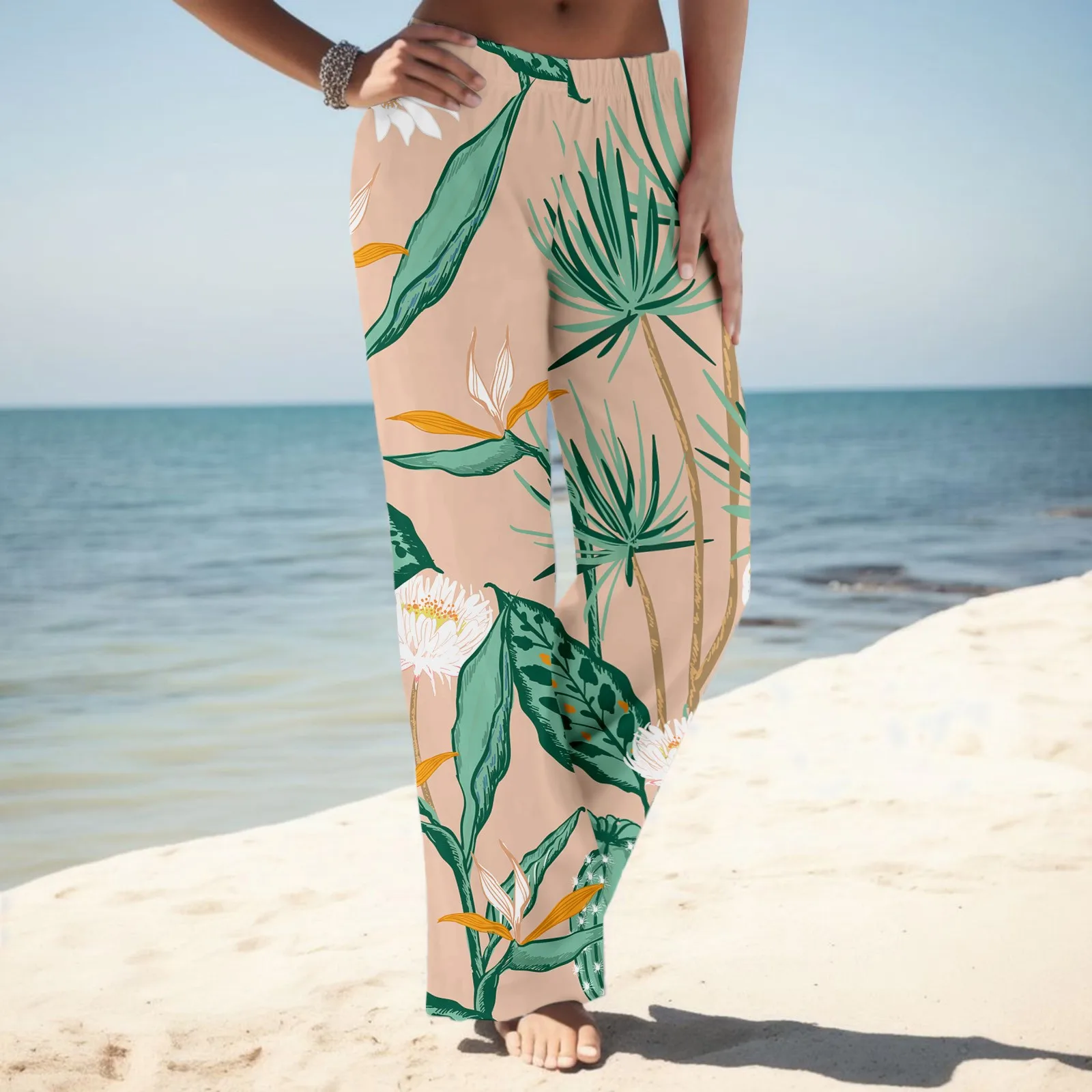 

Bohemian Long Pants Womens Outdoor Elastic Waist Side Pockets Trousers Pants Vintage Straight Elastic Waist Boho Beach Trousers