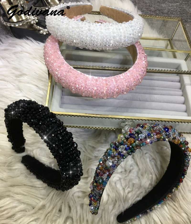 French Style Rhinestone Beaded Headband Hairpin Female Heavy Industry Wide Edge Crystal Handmade Hairband