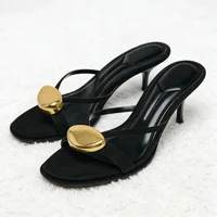 Summer 2025 Metal Decorative Black High-heeled Sandals Women Fashion Round Toe Open Toe Sexy Thin High Heel Slippers Ladies Shoe