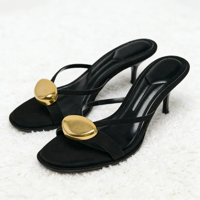 Summer 2025 Metal Decorative Black High-heeled Sandals Women Fashion Round Toe Open Toe Sexy Thin High Heel Slippers Ladies Shoe