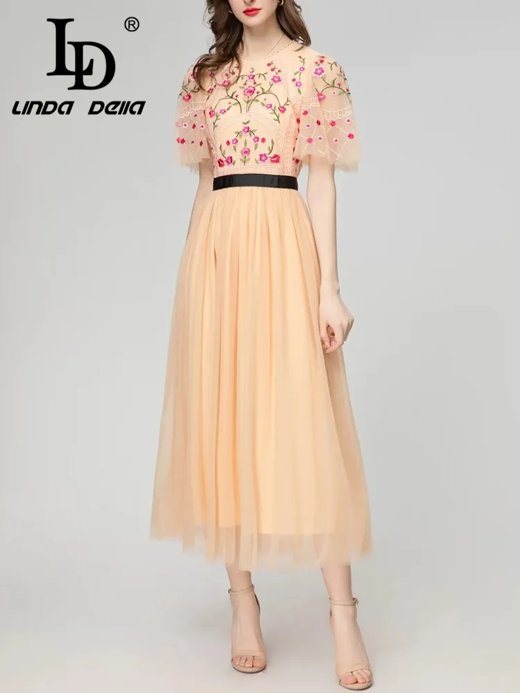 

LD LINDA DELLA Summer New Style Elegant Pretty Dress Women's Apricot luxury Embroidery Splice Draped Slim Fit Long Dress