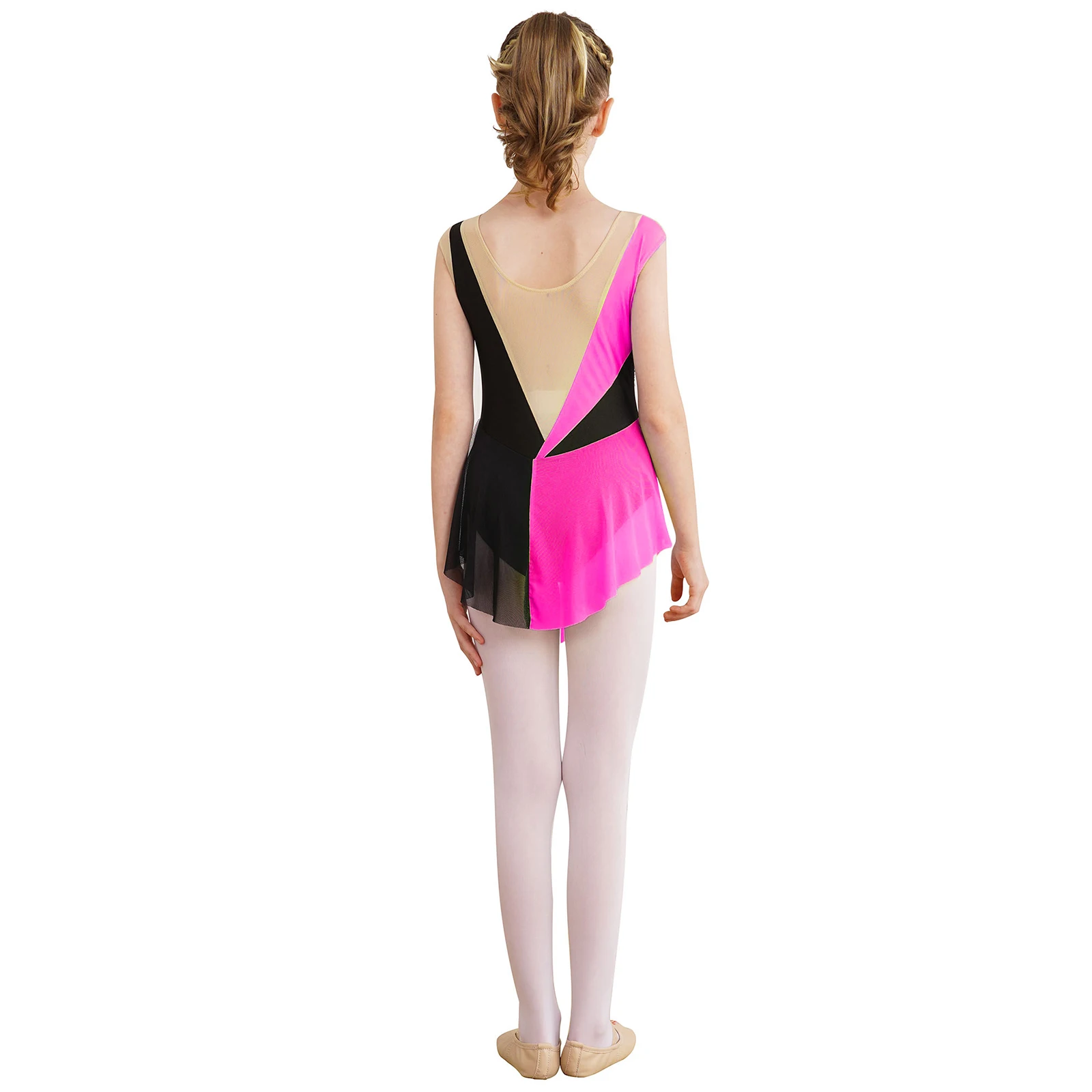 Kids Girls Sparkly Figure Ice Skating Leotard Dress Sleeveless Color Block Mesh Patchwork Bodysuit Dance Ballet Gymnastics Dress