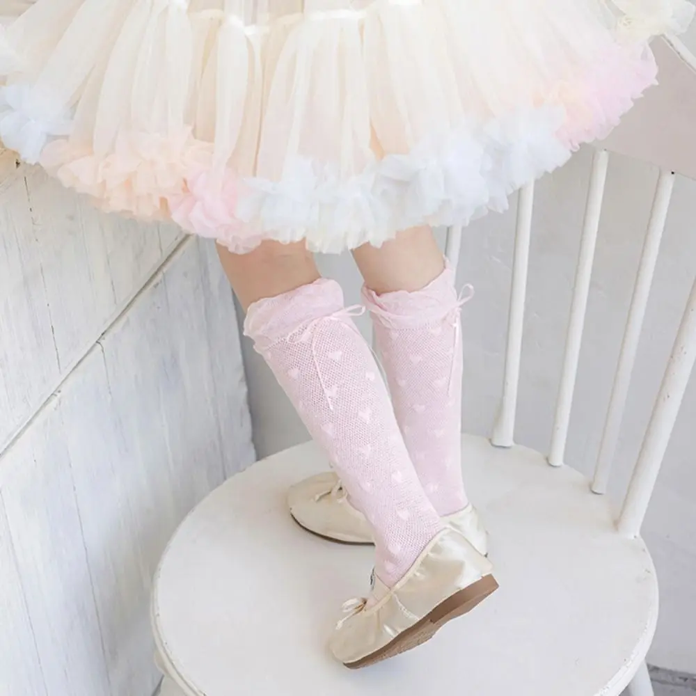 Cute Sweet Children Mid-Tube Hosiery Ribbon Bow Princess Lolita Lace Stockings Cotton Solid Color Balletcore Socks Kids