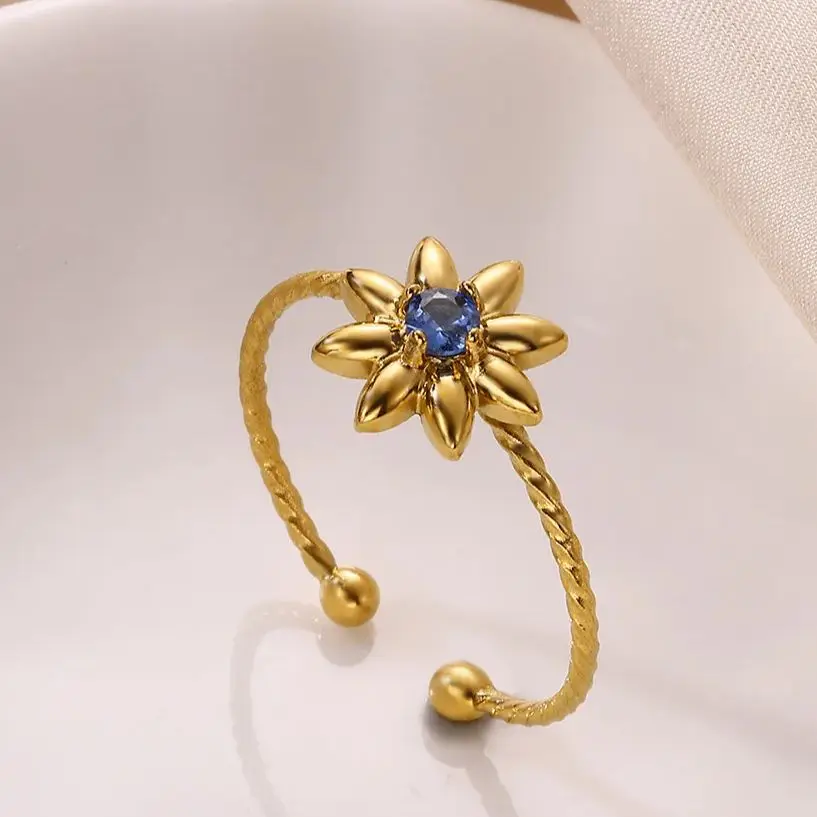 Stainless Steel Adjustable Flower Ring with Blue Stone Gold Color