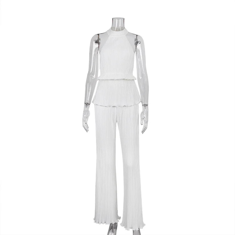 New Hanging Neck Sexy Spicy Girl Sleeveless Tank Top White Pleated High Waist Wide Leg Pants Set Female