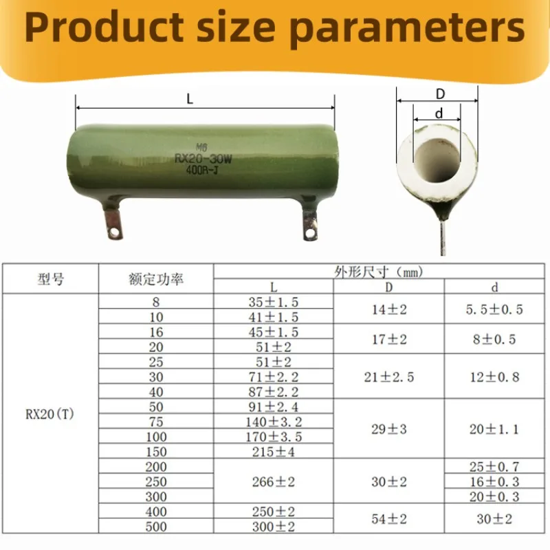 1 szt. Opornik drutowy o dużej mocy RX20 emaliowany drutowy RX20-ZG11 100W 1R 2R 5R 10R 20R 25R 30R 50R 100R 200R