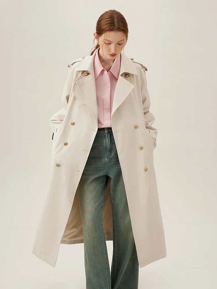 FSLE Turn-down Collar Double Breasted Office Lady Long Trench Coats Light Khaki Spring New Temperament Straight Jacket 24FS11092