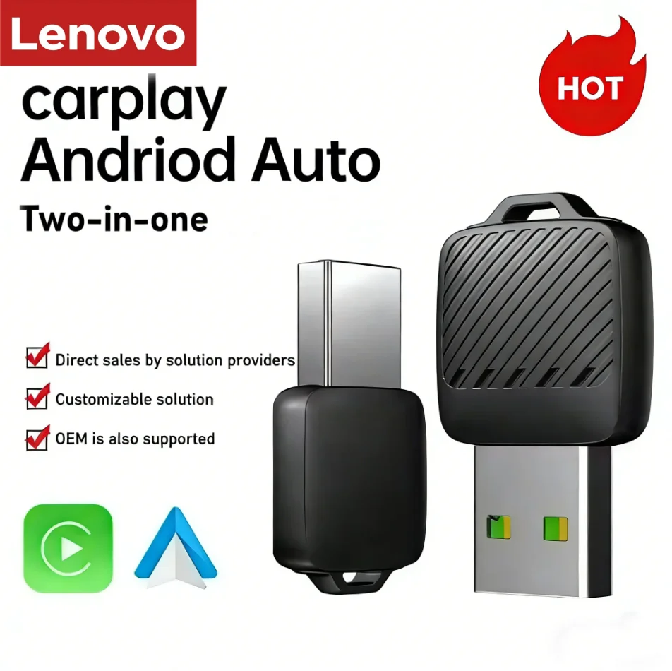 Adaptador inalámbrico Lenovo 2 en 1 para Android Auto, dongle inalámbrico CarPlay, sistemas inteligentes para automóvil, caja inteligente con IA para automóvil, CarPlay con cable. 1