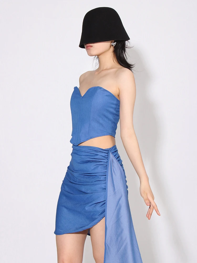 CHICEVER Slim Two Piece Sets For Women Strapless Sleeveless Off Shoulder Tops High Waist Folds Bodycon Skirt Solid Set Female