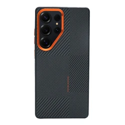 Magnetic Alloy Lens Phone Case with Carbon Fibre Texture and Wireless Charging Compatibility for Samsung Galaxy S23 Ultra (Orange lens)