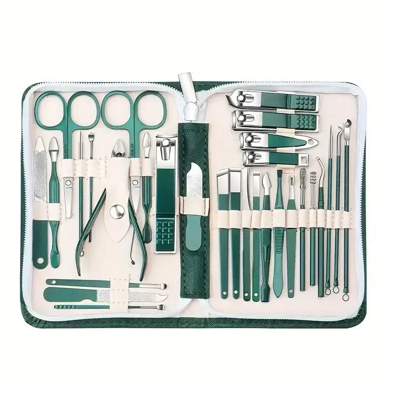 30pcs Professional Stainless Steel Nail Clipper Set Green Nail Tools Manicure  Pedicure Set of 30pcs Travel Grooming Kit 6