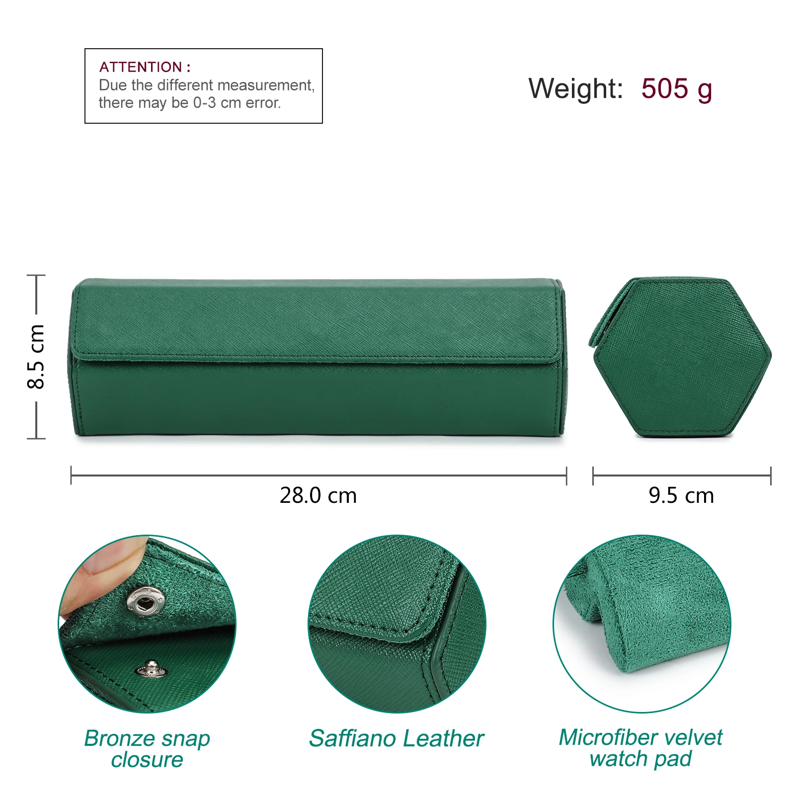 Watch Traval Case Box Organizer 4 Slots Genuine Leather Portable Zipper Watch Case  Bracelet Green Display Box