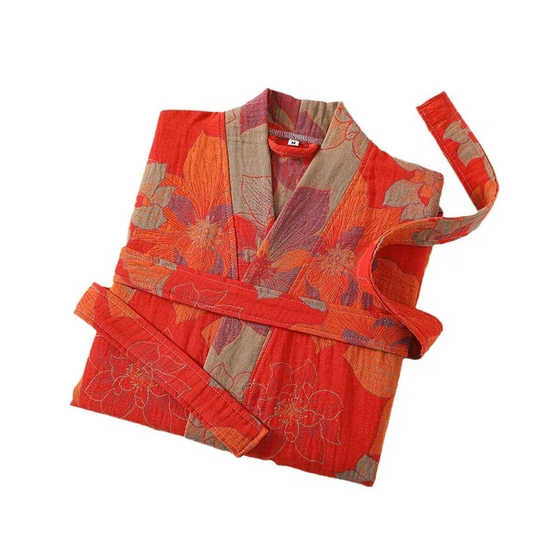 Spring summer thin pure cotton double-layers gauze bathrobe water absorption quick dry couple pajamas women's home Dressing Gown