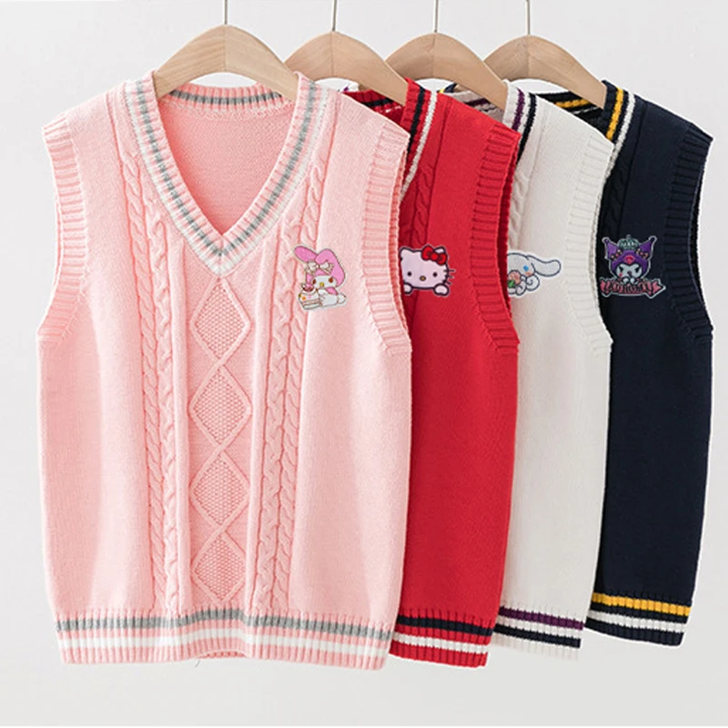

New Sanrio Kuromi Hello Kitty Cinnamoroll Children's Sweater Vest Kawaii Kuromi Student Vest Knitted Undershirt Girls Gift